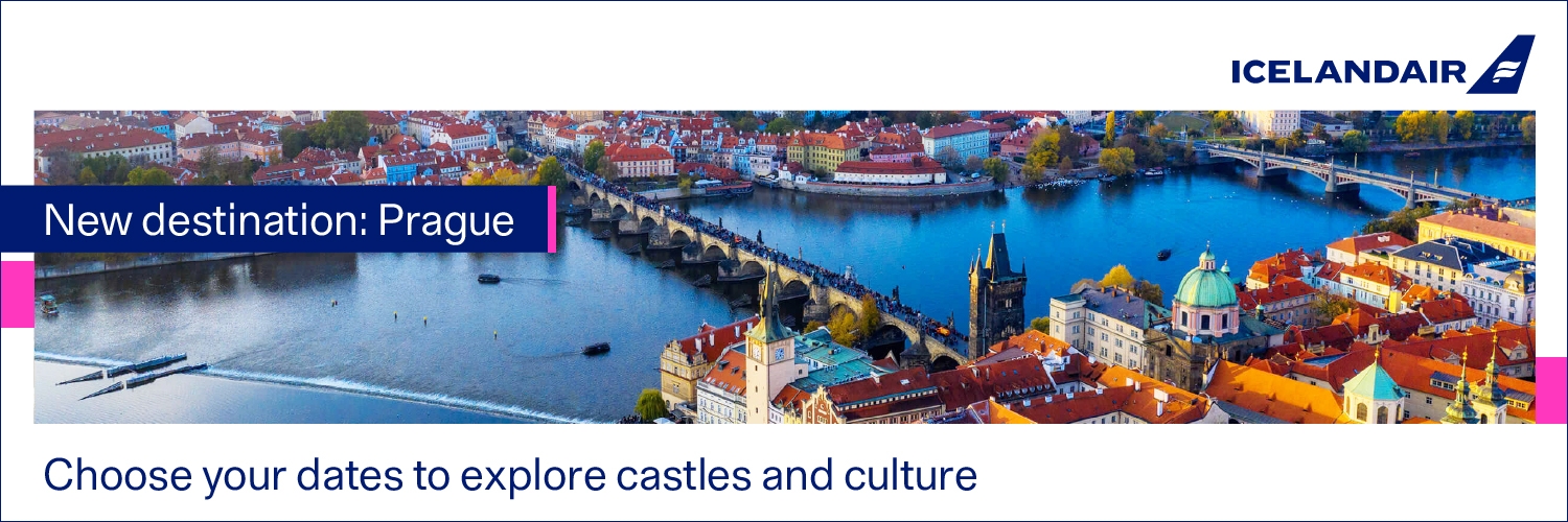 Image with text that reads 'New destination: Prague. Choose your dates to explore castles and culture.