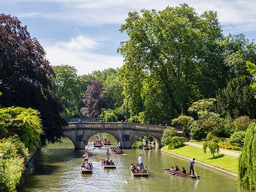 People ron rowboats going under Clare Bridge in Cambridge on a summer day