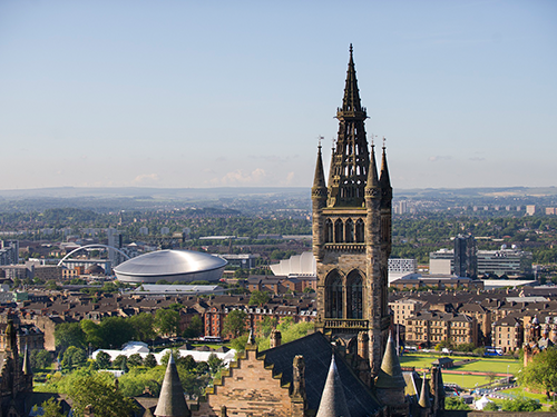 An overhead shot of Glasgow city center with The University of Glasgow buildings in view