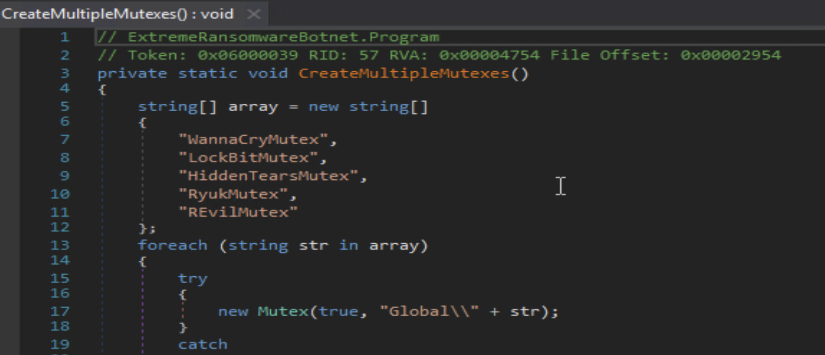 Figure 2. Malware creating multiple mutexes with ransomware names