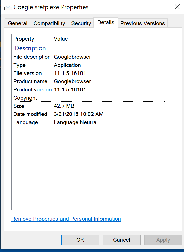 Screenshot of Goegle sretp.exe properties