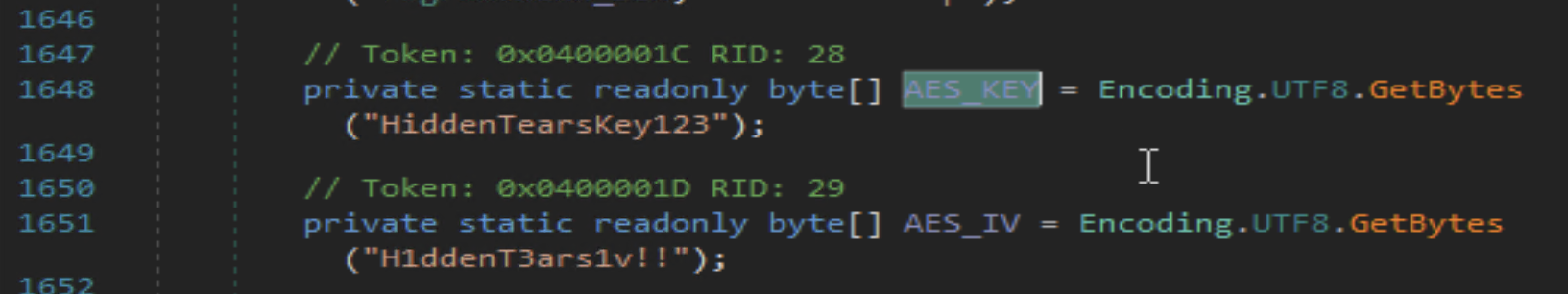 Figure 3. AES Key referencing another ransomware family called Hidden Tears