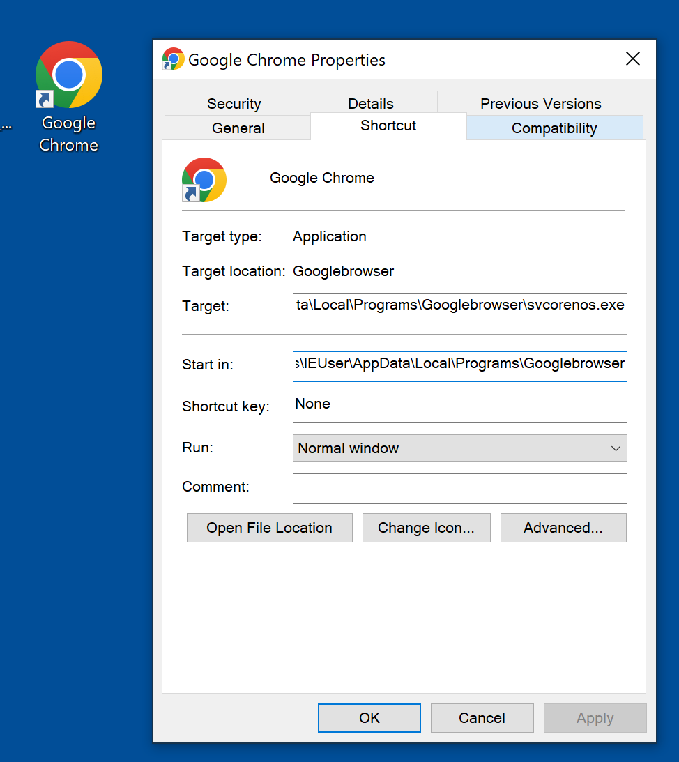 Screenshot of fake google downloader Googlebrowser target location