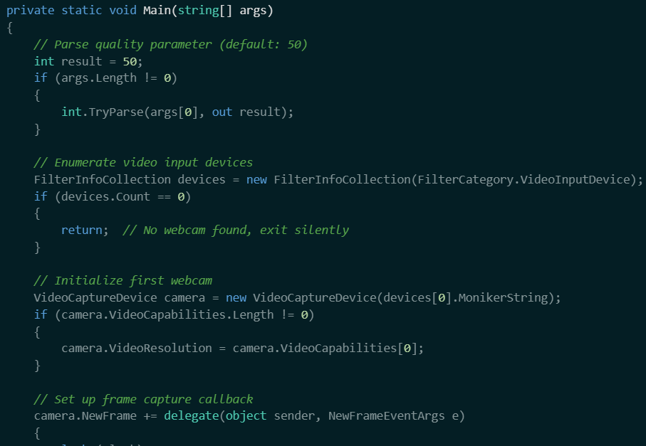 Figure 9: Code snippet of webcam activation