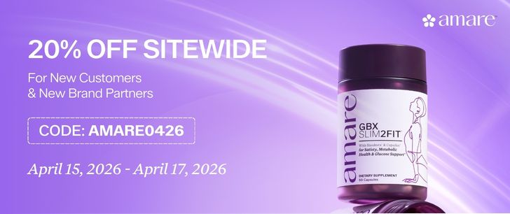 Promotional image for a 20% off sitewide offer from Amare for new customers, valid April 15-17, 2026.