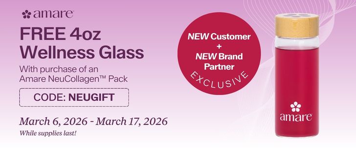 Purple-themed ad for a free 4oz Amare wellness glass with Amare NeuCollagen purchase. Valid March 6-17, 2026, for new customers and partners. Code: NEUGIFT.