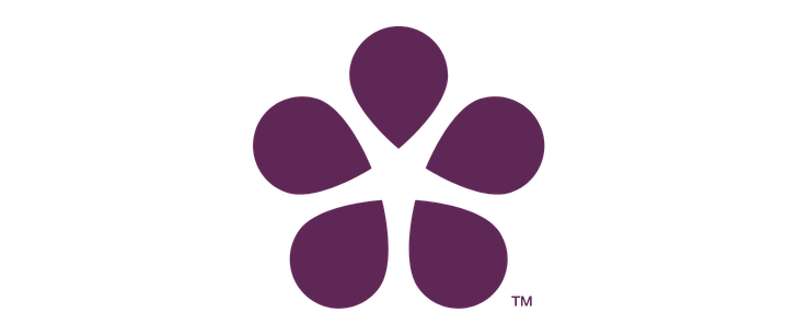Purple flower logo with five teardrop-shaped petals.