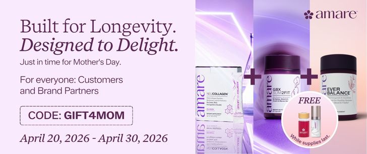 Promotional image for Amare's Mother's Day offer featuring product images and offer details.