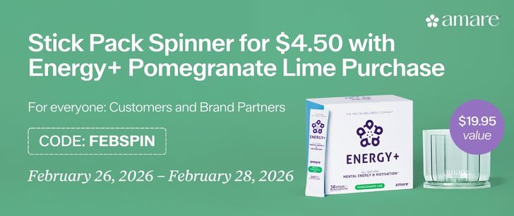 Green banner promoting a $4.50 Stick Pack Spinner deal with Energy+ Pomegranate Lime purchase. Includes promo code "FEBSPIN" and dates, February 26-28, 2026.