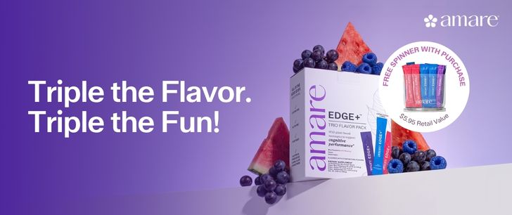 Promotional image for amare EDGE+ flavor pack with fruits and text offering a free spinner.