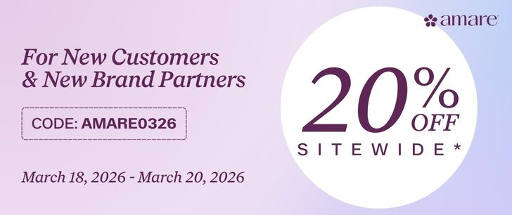 Purple-themed promotional banner for a 20% sitewide discount, valid March 18-20, 2026. Includes code “AMARE0326” for new customers and partners.