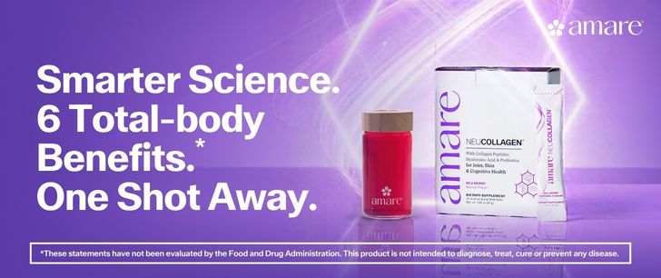 Promotional image of Amare product with the text: "Smarter Science. 6 Total-body Benefits. One Shot Away."