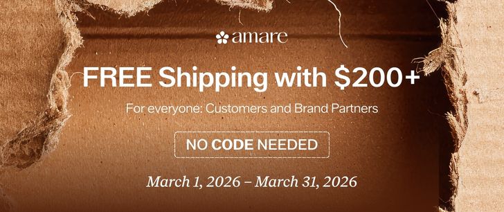 Torn cardboard background with white text: "amare FREE Shipping with $200+ For everyone: Customers and Brand Partners. NO CODE NEEDED. March 1-31, 2026."