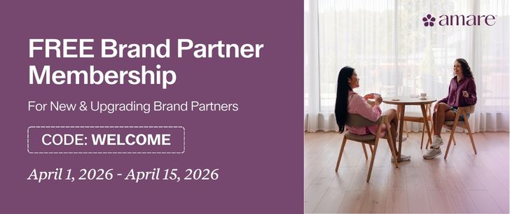 Promotional image for a free brand partner membership with two women conversing at a table.