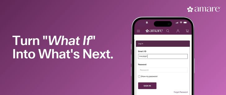 Purple digital ad with text "Turn 'What If' Into What's Next" and a smartphone displaying a login screen.