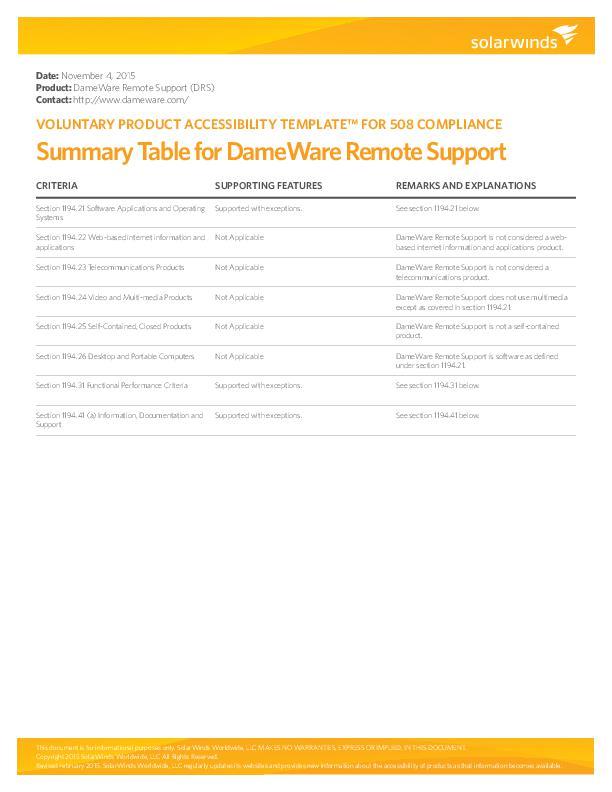 VPAT Datasheet DameWare Remote Support - pdf preview
