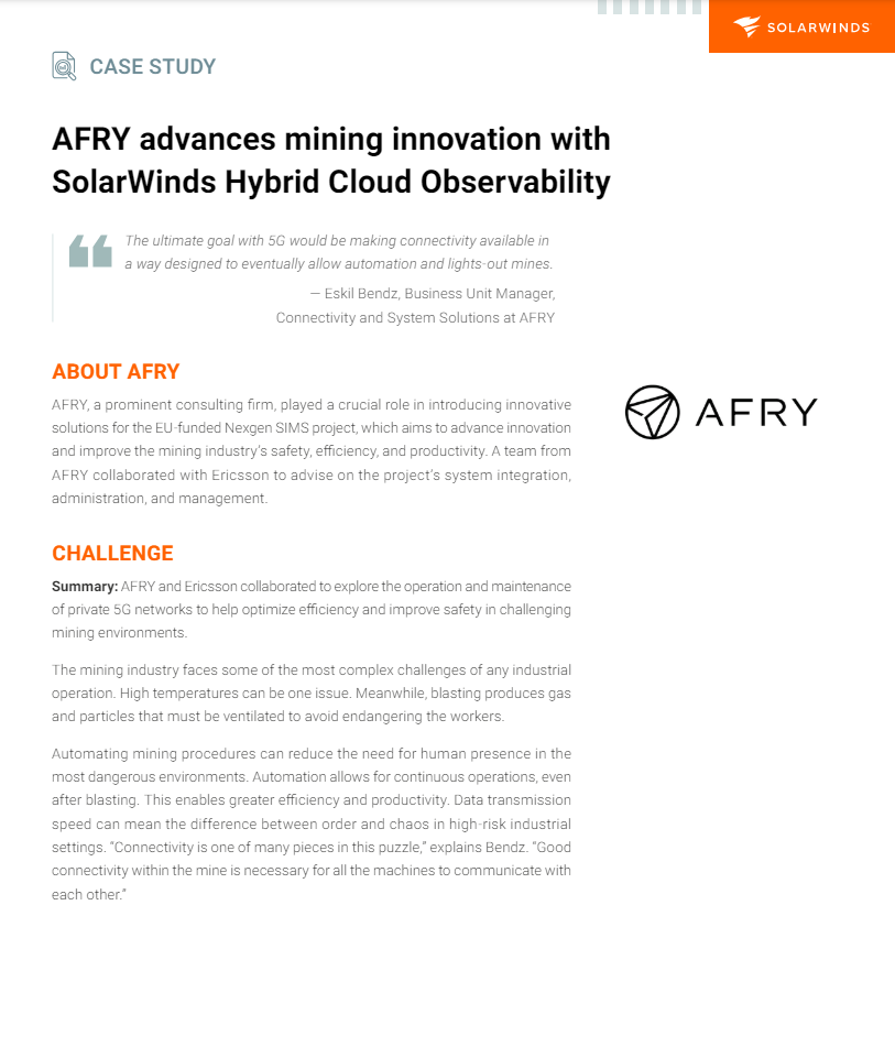 AFRY advances innovation in mining with SolarWinds Observability 