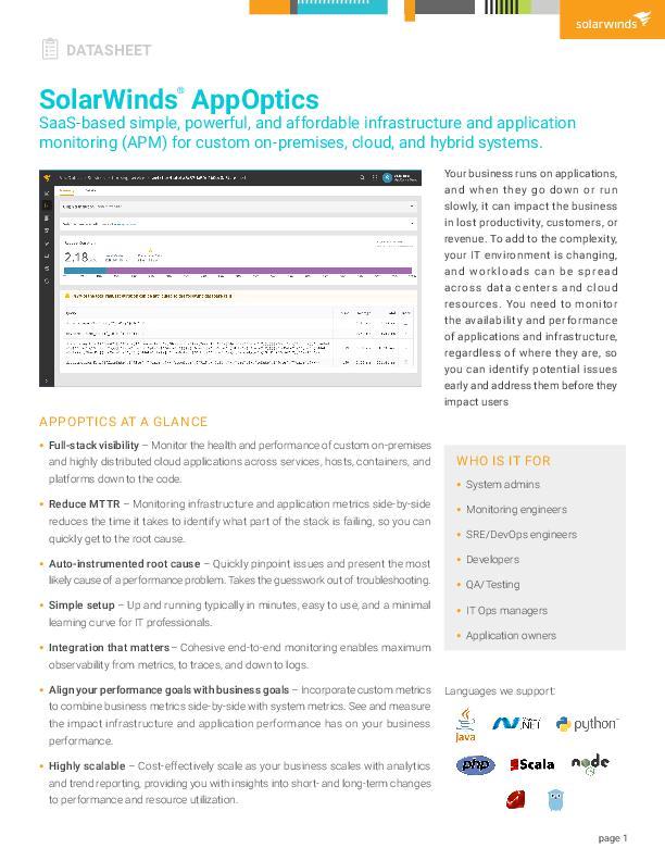 APM Integrated Experience Datasheet SolarWinds