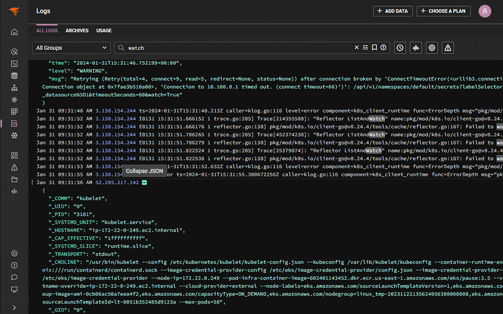 Observability Product Screenshot - Log Single Bar
