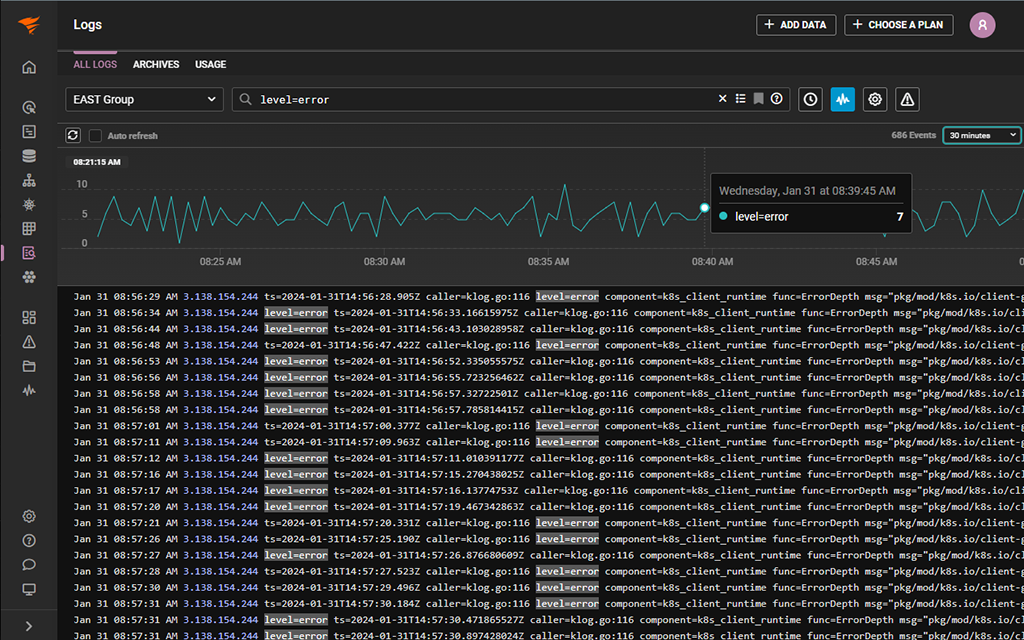 Observability Product Screenshot - Log Tail