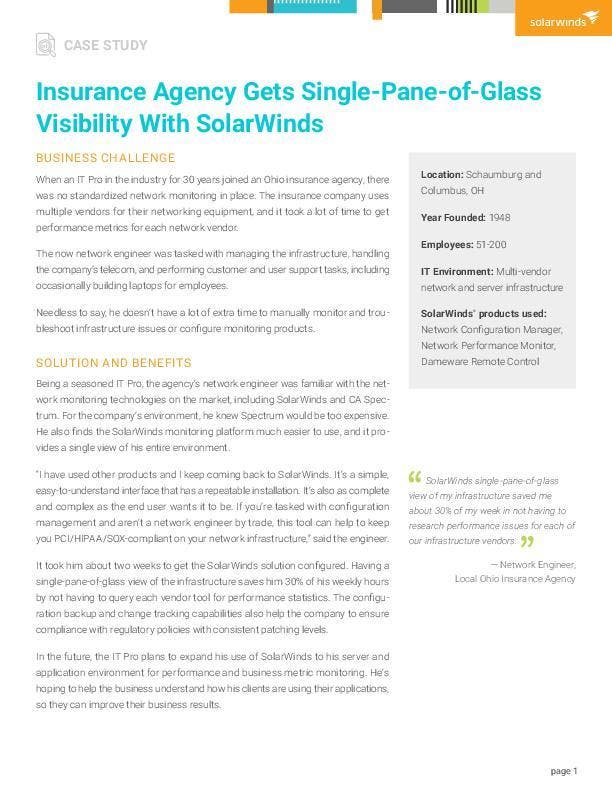 Insurance Agency Gets Single Pane of Glass Visibility with SolarWinds - pdf preview Insurance Agency Gets Single Pane of Glass Visibility with SolarWinds - pdf preview
