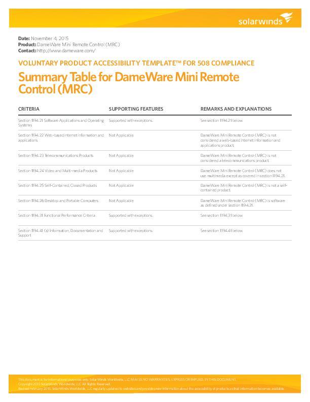 VPAT Datasheet DameWare Mini Remote Control - pdf preview