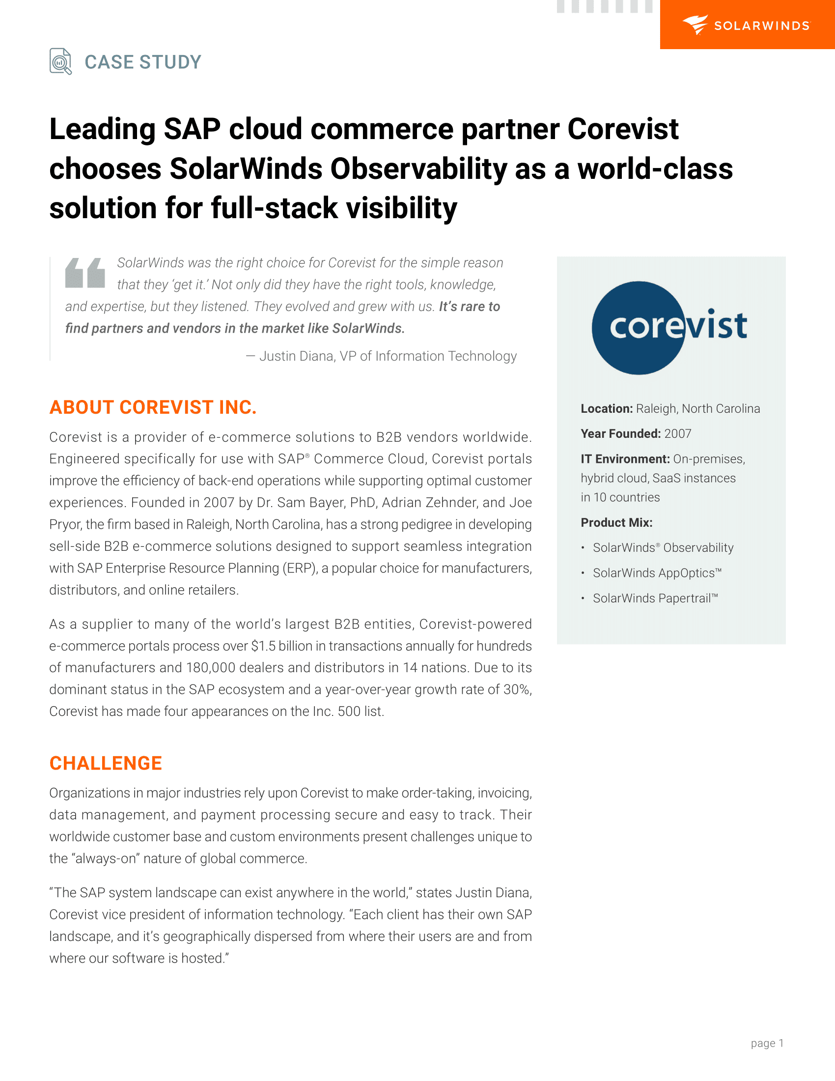 Corevist trusts SolarWinds Observability SaaS for total visibility