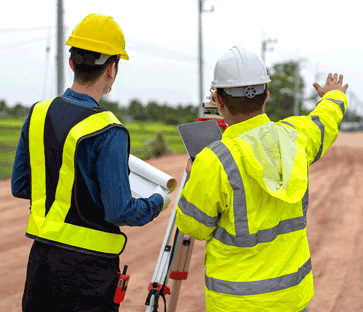 Two men wearing heard hats and bright yellow construction uniforms, surveying a road construction project.