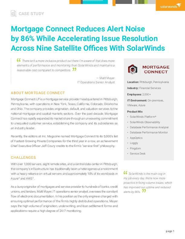 Mortgage Connect Reduces Alert Noise by 86% While Accelerating Issue Resolution With SolarWinds - pdf preview