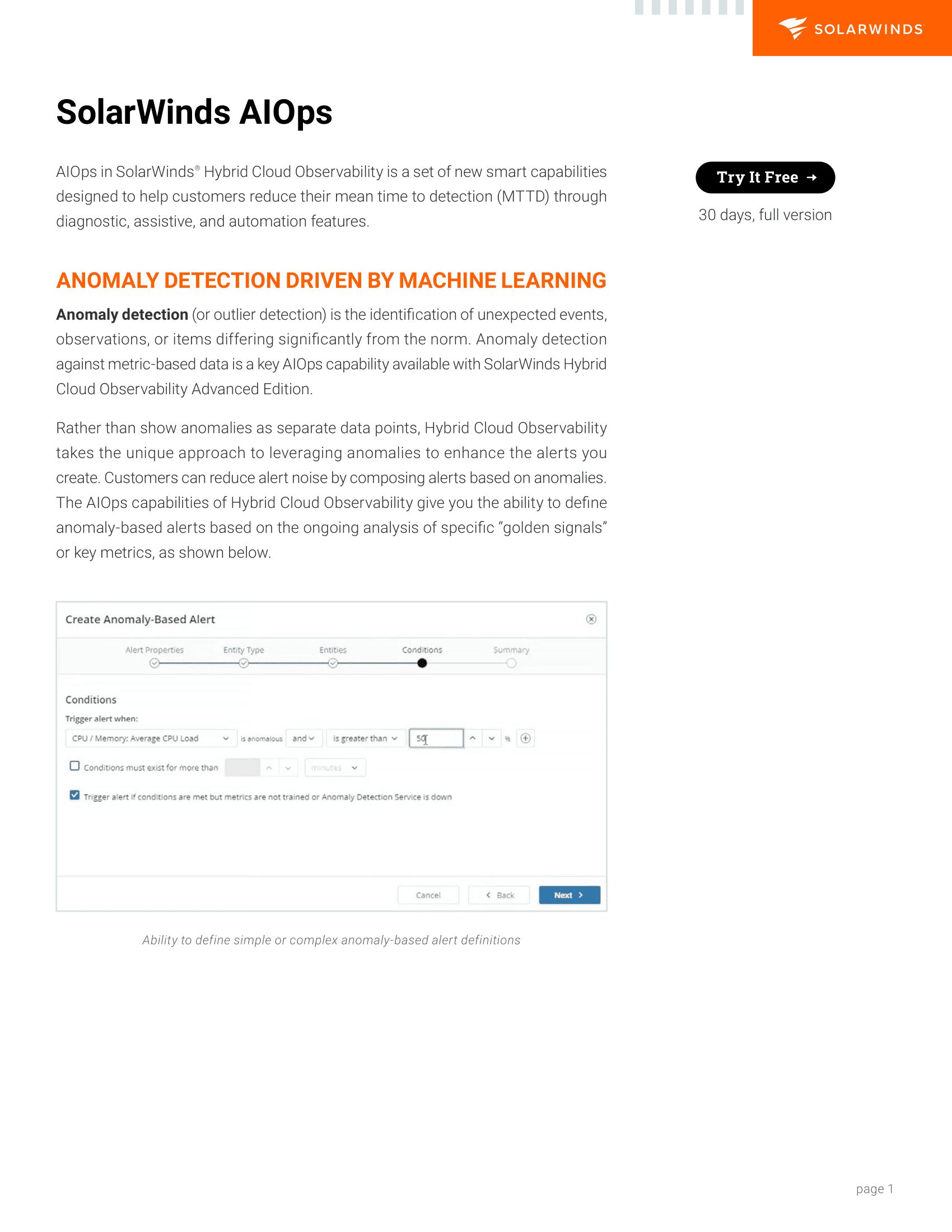 First page preview of datasheet to AIOps in SolarWinds® Hybrid Cloud Observability. First page preview of datasheet to AIOps in SolarWinds® Hybrid Cloud Observability.