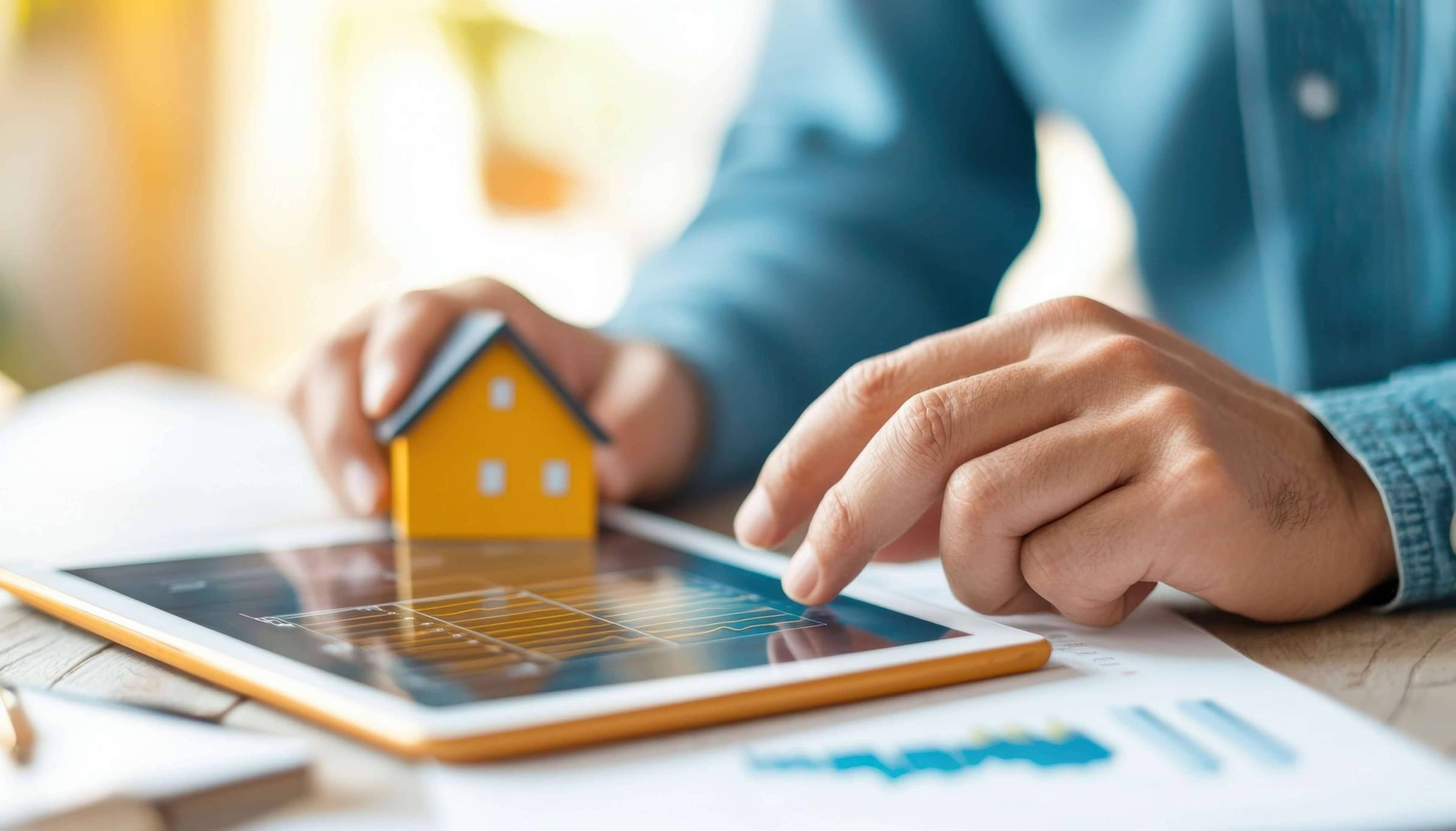 Man on a tablet with a house model in his hand.