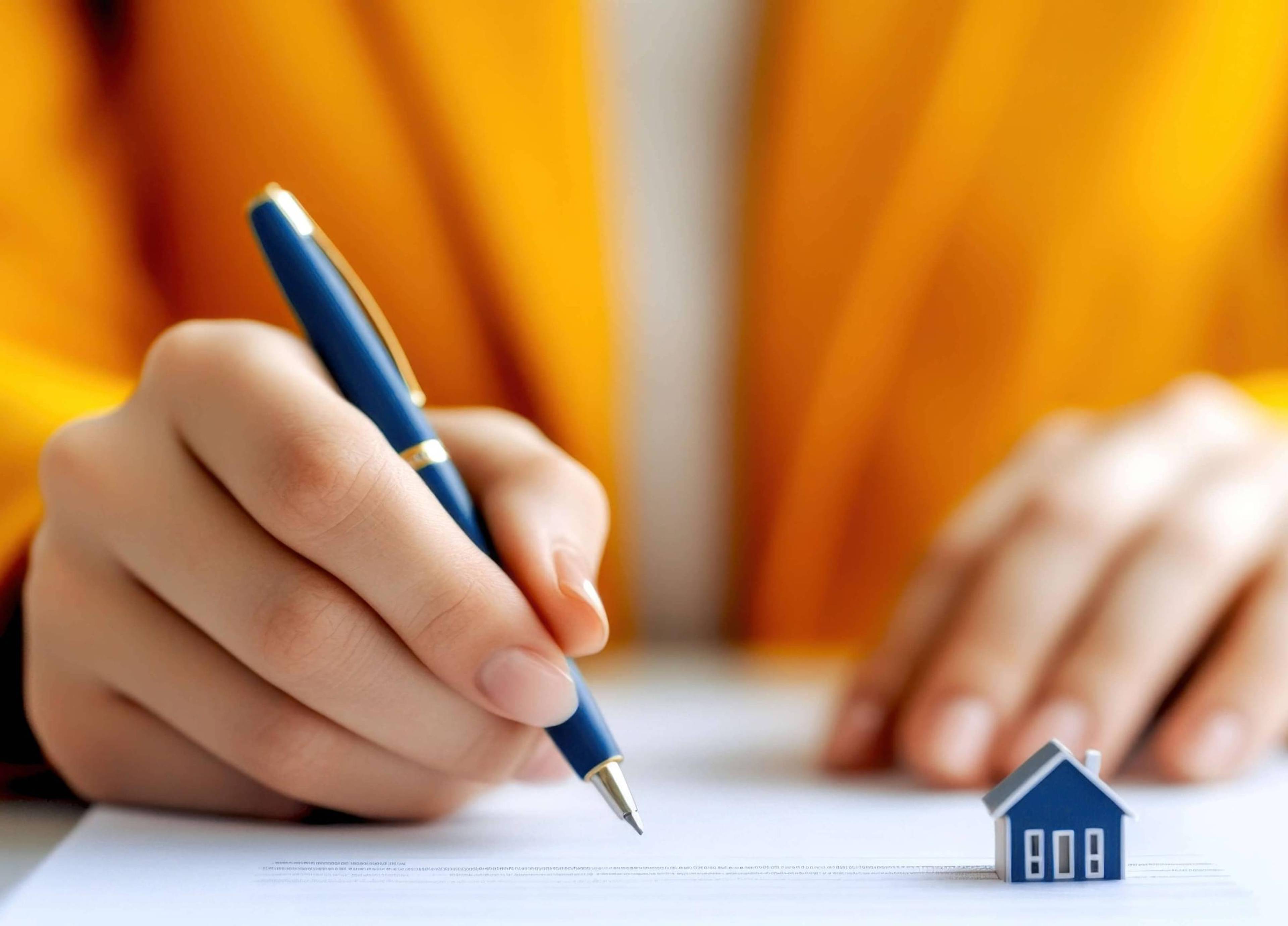 Signing papers with a pen and a little blue model home sitting on the papers.