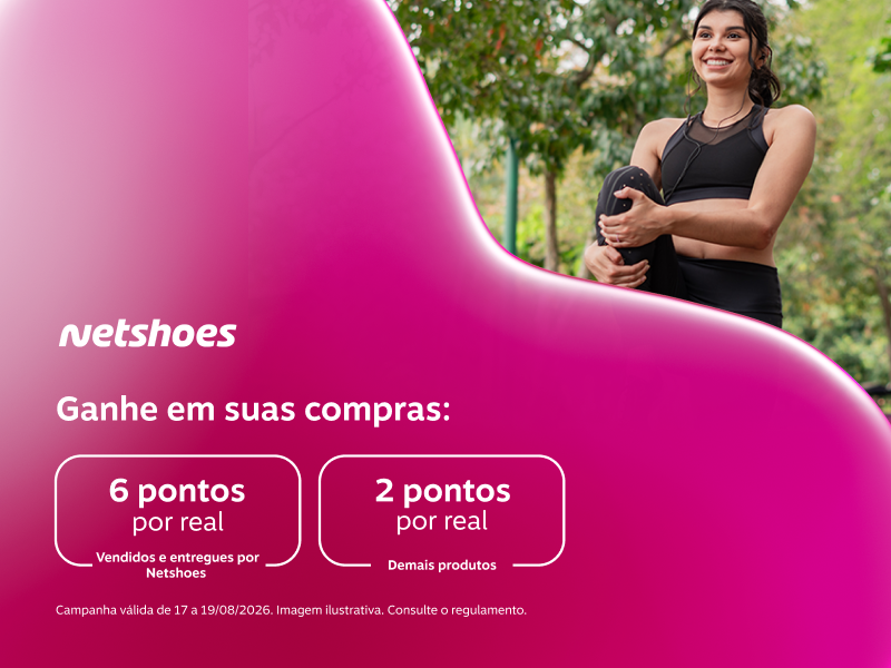Ganhe em suas compras na Netshoes: 6 pontos por real em produtos vendidos e entregues por Netshoes e 2 pontos por real demais produtos