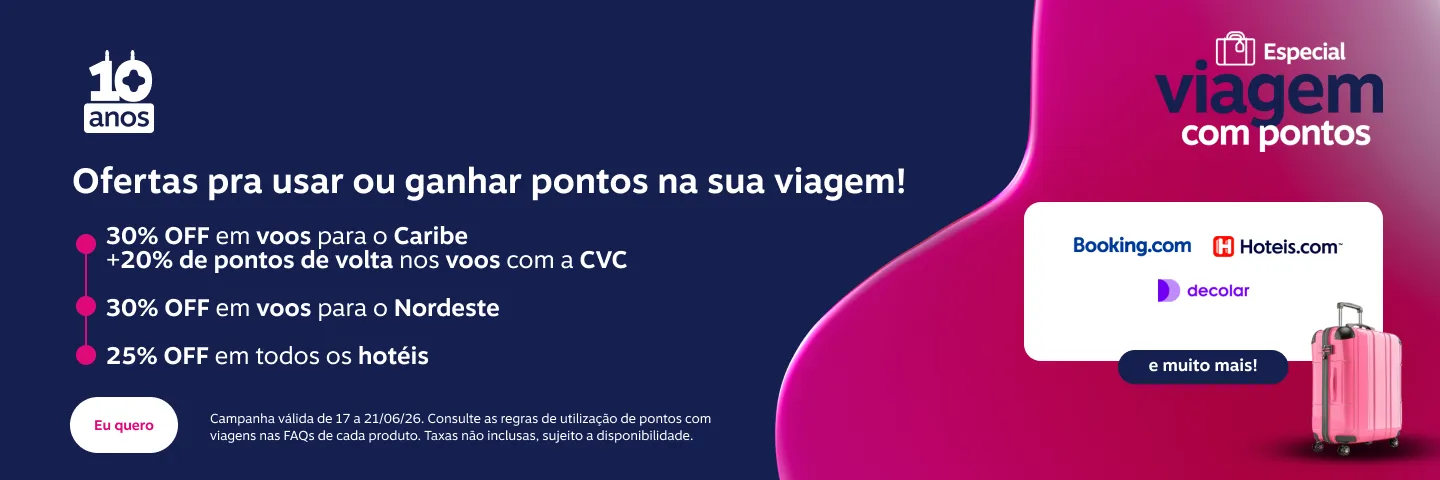  Ofertas pra usar ou ganhar pontos na sua viagem! 30% OFF em voos para o Caribe + 20% de pontos de volta nos voos com a CVC | 30% OFF nos voos para o Nordeste | 25% OFF em todos os hotéis