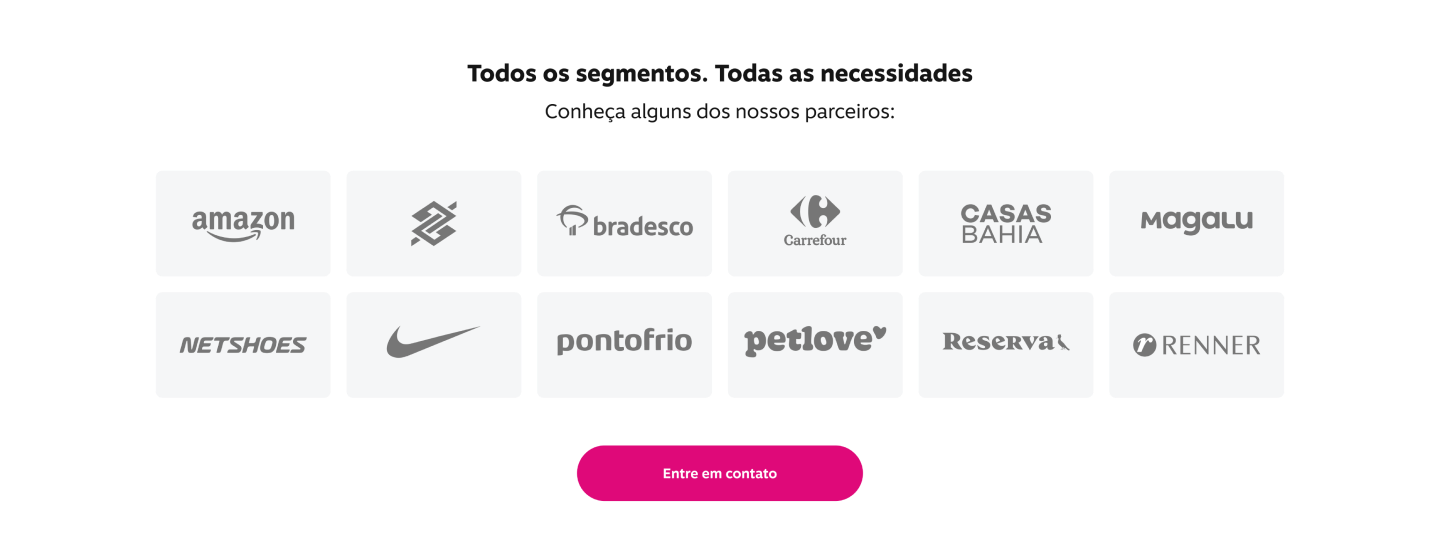 Mosaico das marcas: Amazon, Banco do Brasil, Bradesco, Carrefour, Casas bahia, Magalu, Netshoes, Nike, Pontofrio, Petlove, Reserva e Renner.