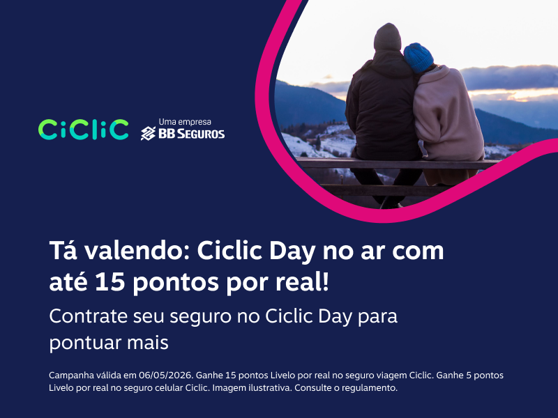 Contrate seu seguro no Ciclic Day para ganhar até 15 pontos por real! Ganhe 15 pontos por real no Seguro Viagem e 5 pontos por real no Seguro Celular