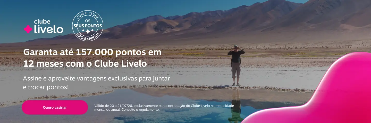 Garanta até 157.000 pontos em 12 meses com o Clube Livelo. Assine e aproveite vantagens exclusivas para juntar e trocar pontos!