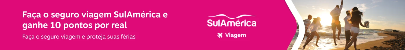 Faça o seguro viagem SulAmérica e ganhe 10 pontos por real. Faça o seguro viagem e proteja suas férias, imagem clicável, ir para https://www.livelo.com.br/juntar-pontos/parceiros/sulamerica-seguro-viagem/SUL