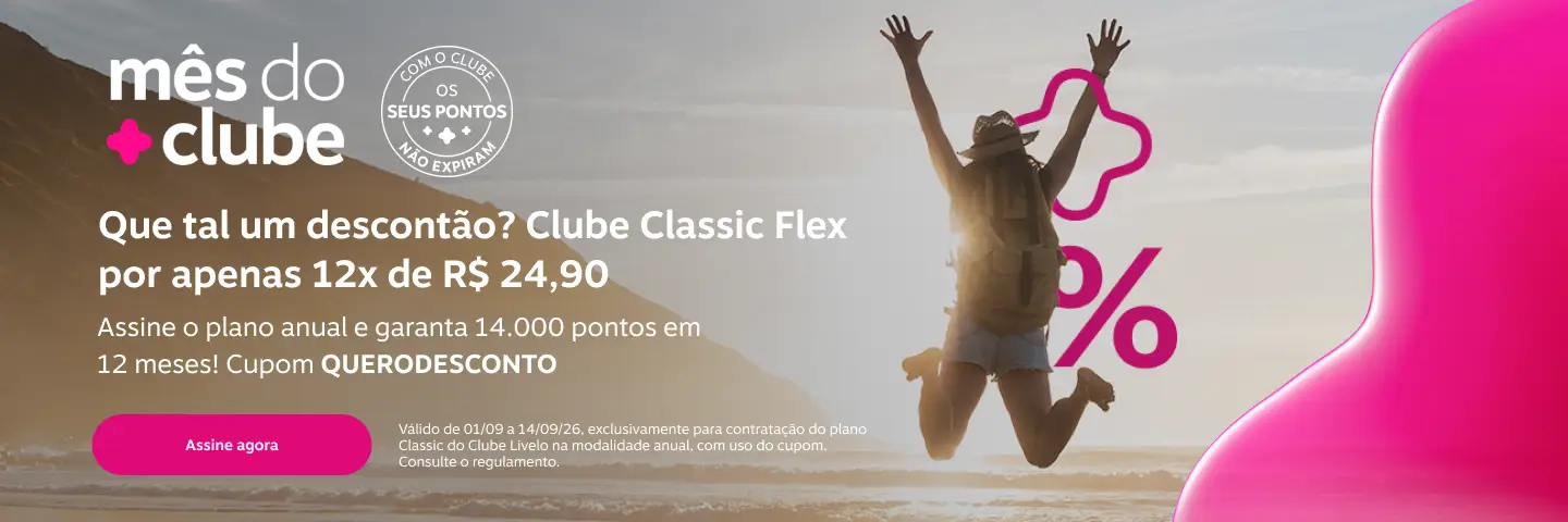 Que tal um descontão? Clube Classic Flex por apenas 12x de R$ 24,90. Assine o plano anual e garanta 14.000 pontos em 12 meses! Cupom QUERODESCONTO 