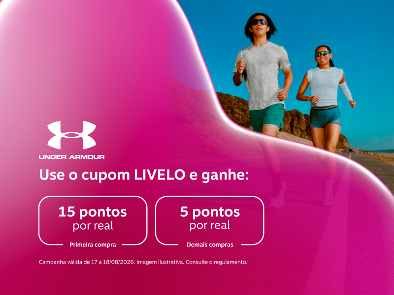 Use o cupom LIVELO e ganhe na Under Armour: 15 pontos por real em sua primeira compra e 5 pontos por real demais compras 