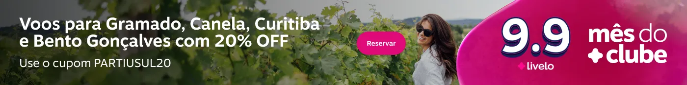 Voos para Gramado, Canela, Curitiba e Bento Gonçalves com 20% OFF. Use o cupom PARTIUSUL20., imagem clicável, ir para https://www.livelo.com.br/ofertas-passagens?destination=CWB%2CPOA%2CCXJ&period=1-2%2C3-6%2C7-12%2C13-20