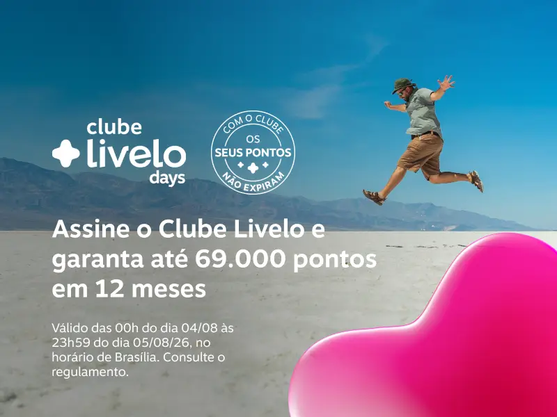 Assine o Clube Livelo e garanta até 69.000 pontos em 12 meses. Acelere suas conquistas com vantagens para juntar e usar pontos! 