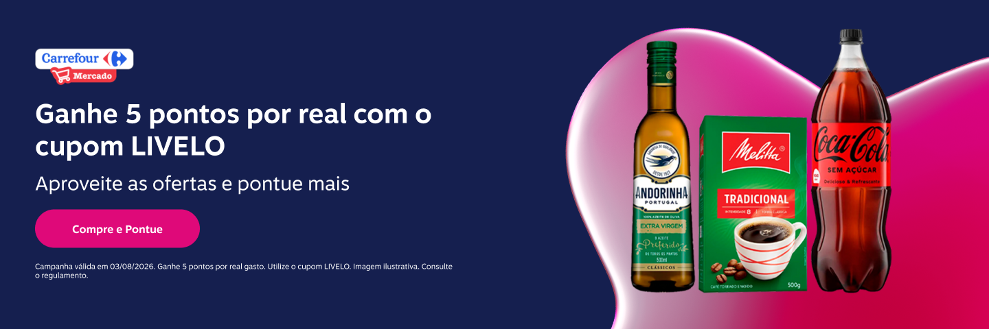Ganhe 5 pontos por real com o cupom LIVELO no Carrefour Mercado. Aproveite as ofertas e pontue mais