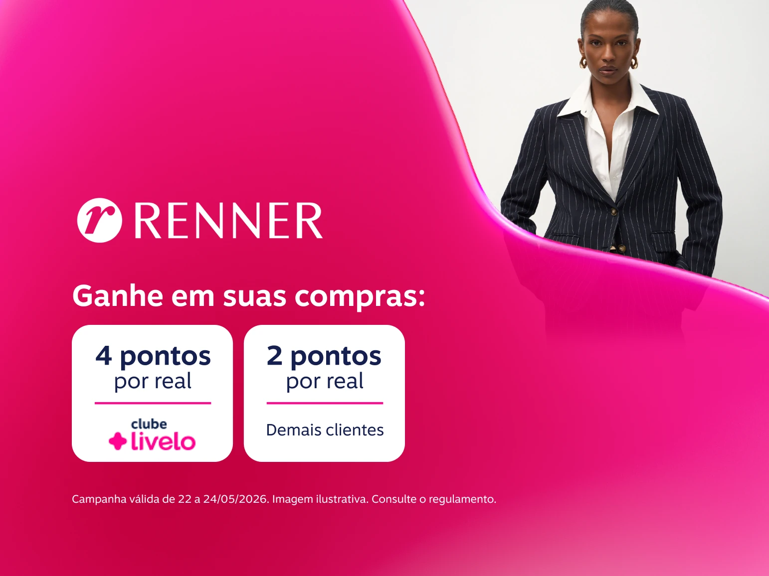 Ganhe em suas compras na Renner: 4 pontos por real com Clube Livelo e 2 pontos por real demais clientes