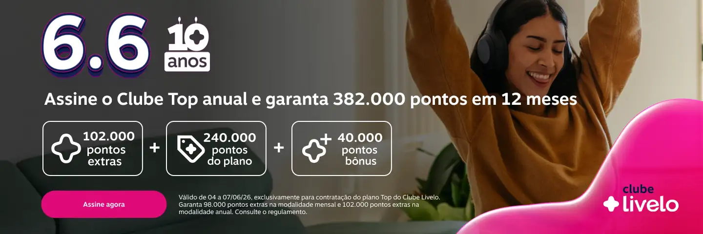 Assine o Clube Top anual e garanta 382.000 pontos em 12 meses. 102.000 pontos extras. 240.000 pontos do plano. 40.000 pontos bônus