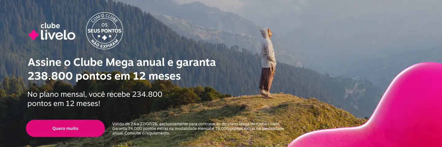 Assine o Clube Mega anual e garanta 238.800 pontos em 12 meses. No plano mensal, você recebe 234.800 pontos em 12 meses!