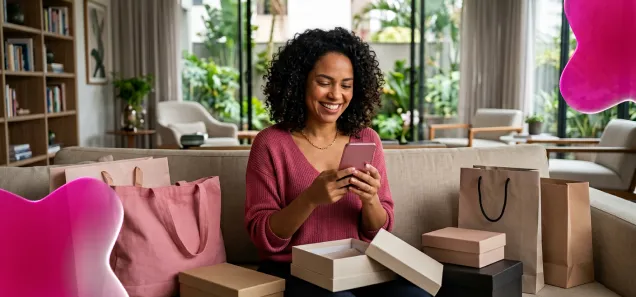 Mulher sorrindo enquanto usa o celular, cercada por produtos e sacolas de compras, acumulando pontos Livelo em suas compras.