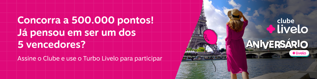 Concorra a 500.000 pontos! Já pensou em ser um dos 5 vencedores? Assine o Clube e use o Turbo Livelo para participar , imagem clicável, ir para https://pontos.livelo.com.br/sorteio-clube-aniversario-livelo